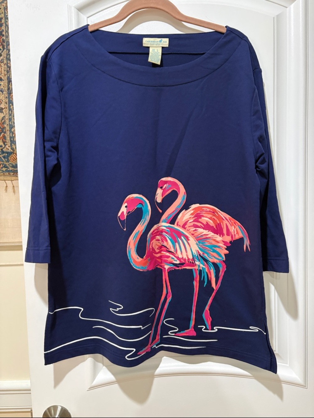 Caribbean Joe Navy Top with Pink & Teal Flamingo Print - Picture 8 of 14
